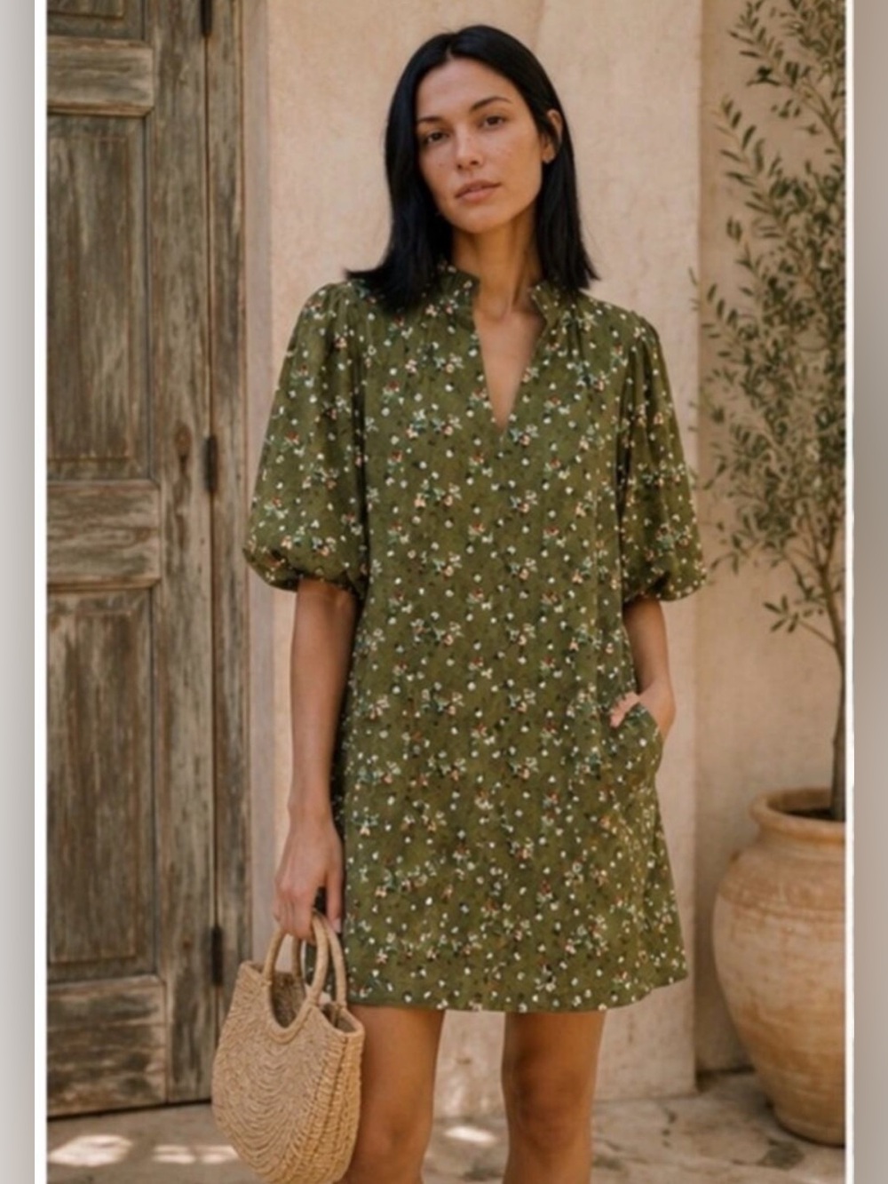 THML Green Floral Corduroy Puff Sleeve Dress XL Lined Pockets Cottagecore